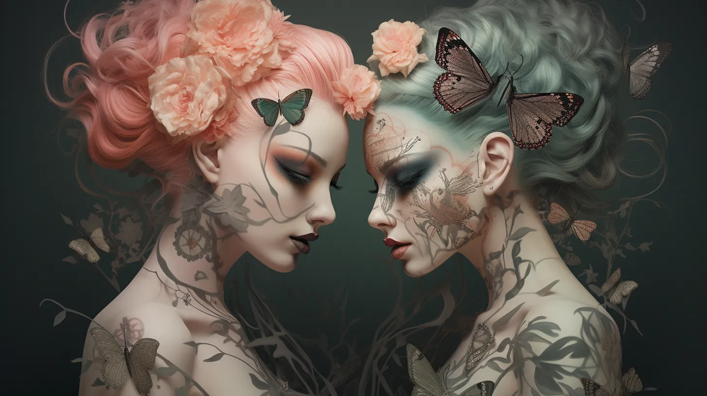 Two Gemini women with tattoos are wearing make up and covered in vines and butterflies.