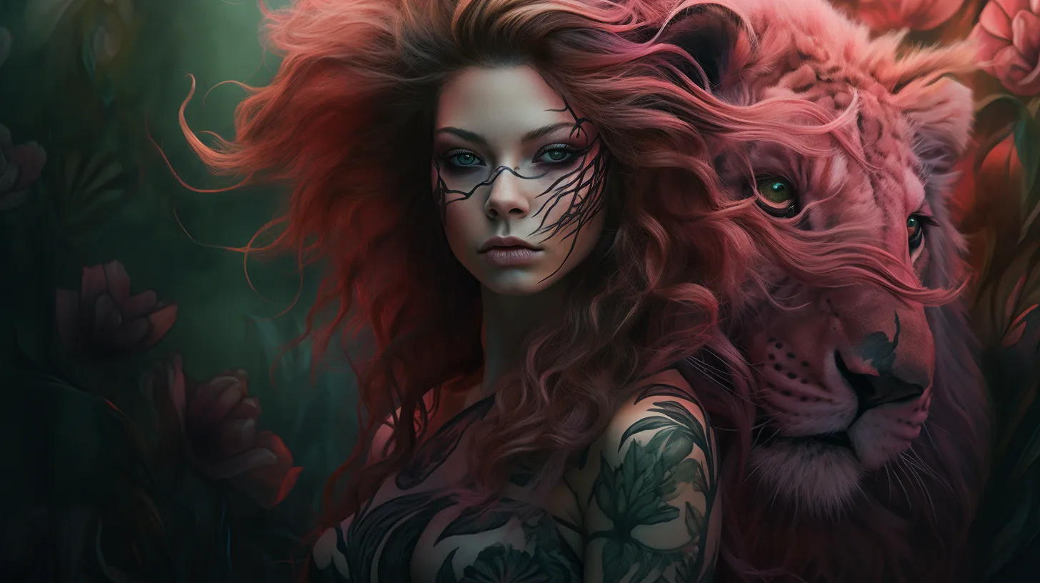 A Leo woman with tattoos is looking at you and her red hair is turning into a lion behind her.