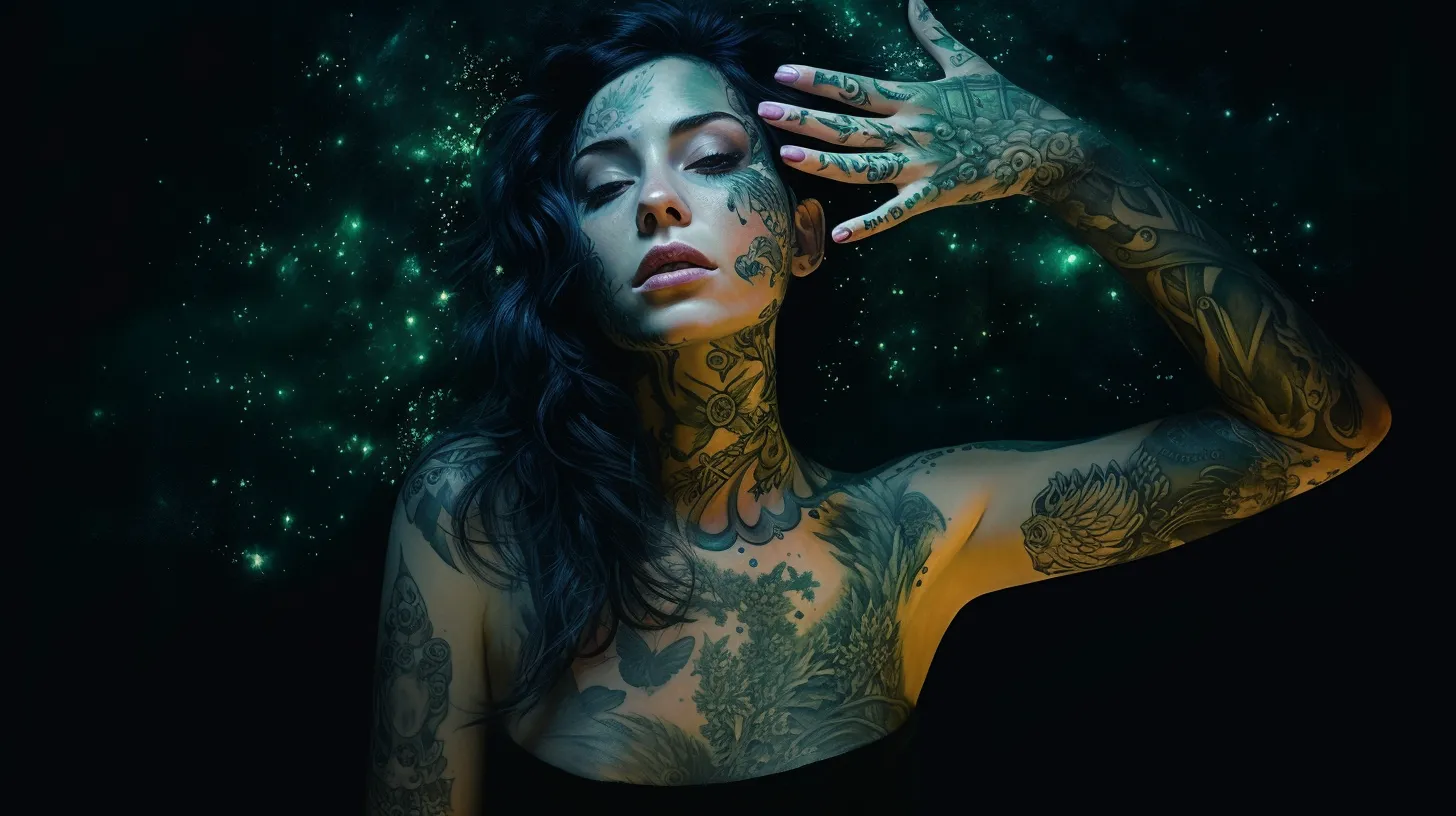 A Virgo woman with tattoos is using her green mystical energy to heal.