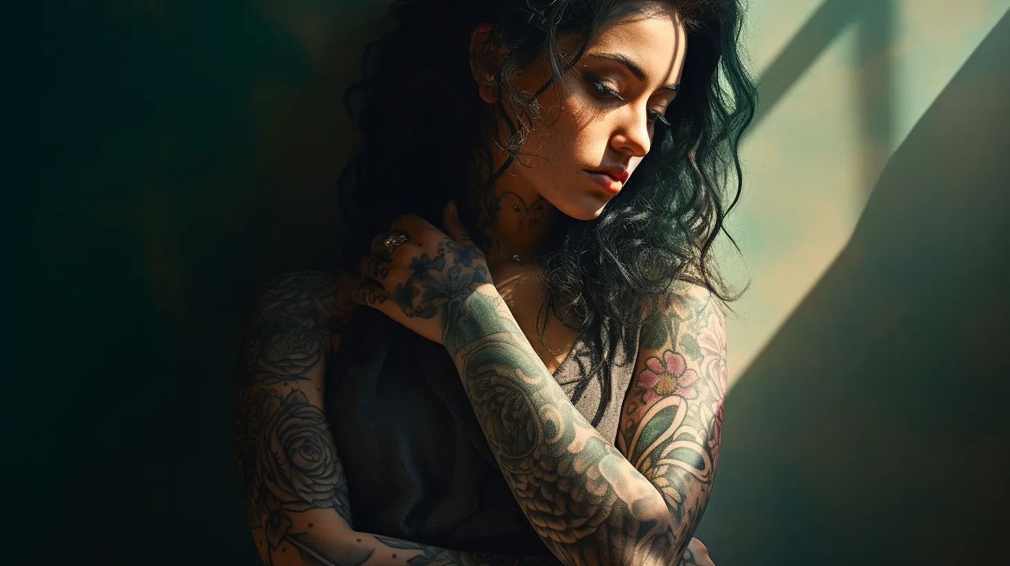 A Scorpio woman with tattoos is standing half in and half out of the light and shadows.