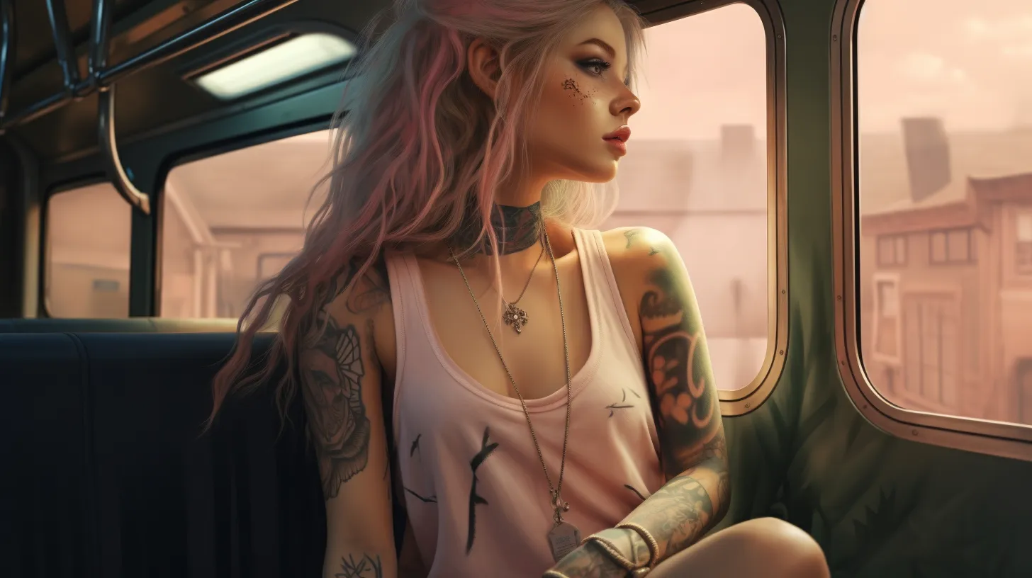 A Sagittarius woman with tattoos is sitting on a train and looking out the window as she goes on an adventure.