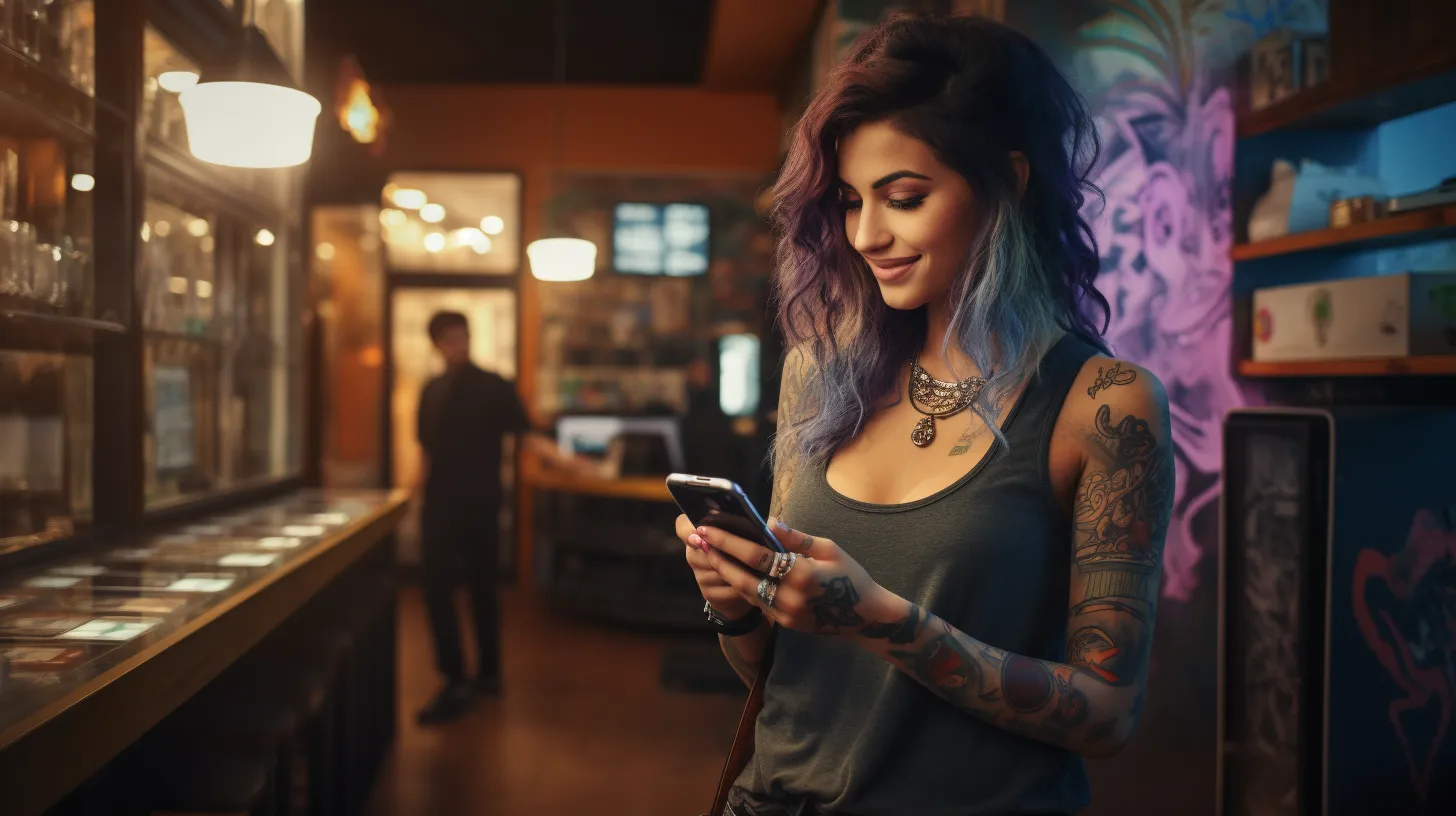 An Aquarius woman with tattoos is at a technology store looking at her new phone.