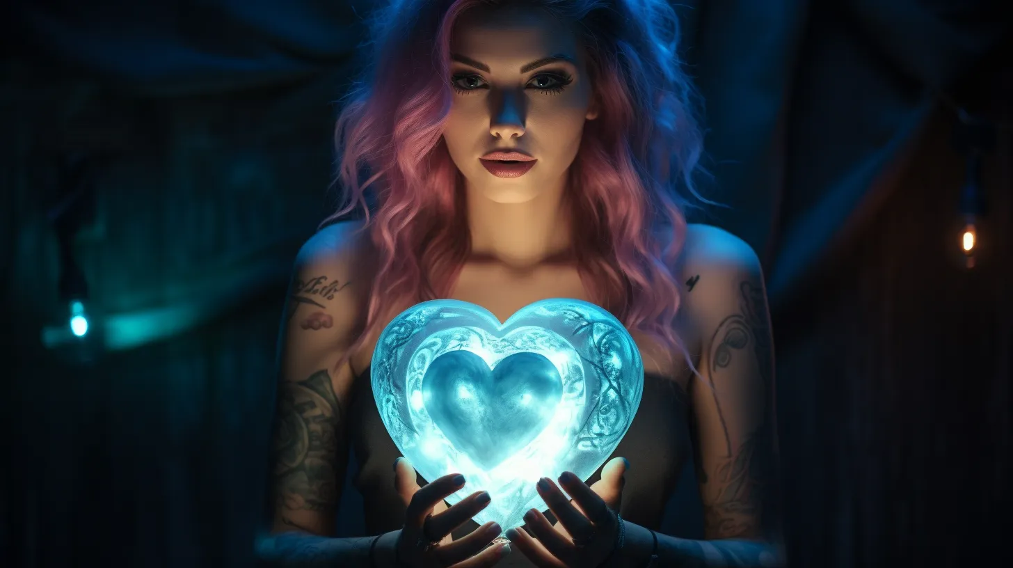 A Pisces woman with tattoos is holding a glowing blue heart out in front of her inside a tent with candles.