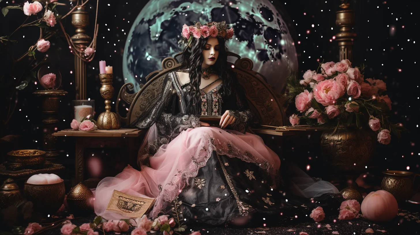 An Aries woman with tattoos is sitting smugly at her throne floating in space among flowers and in front of the moon representing the tarot card The Emperor.