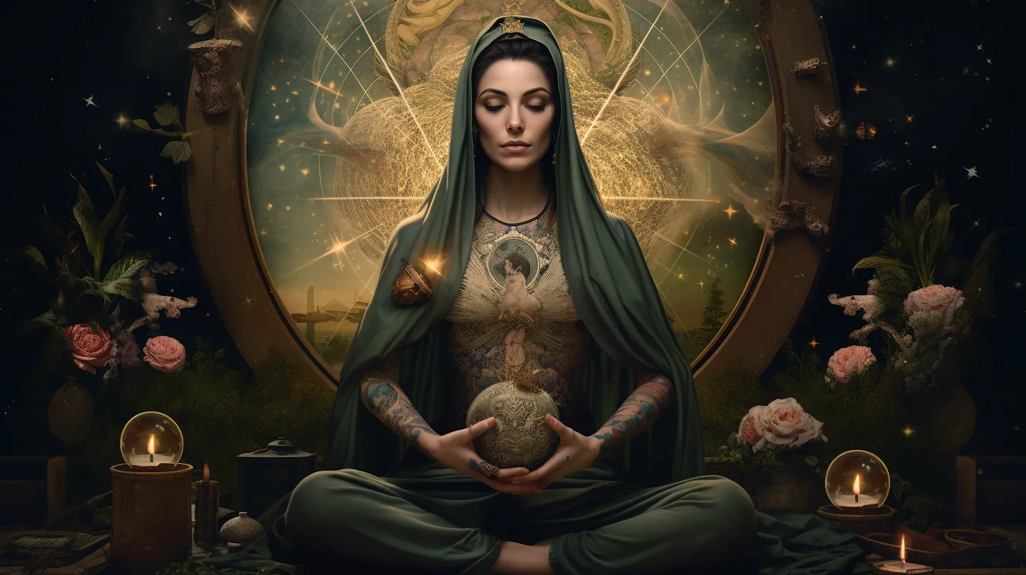 A Taurus woman with tattoos is sitting in a religious setting and holding an orb representing the Tarot card the Hierophant.