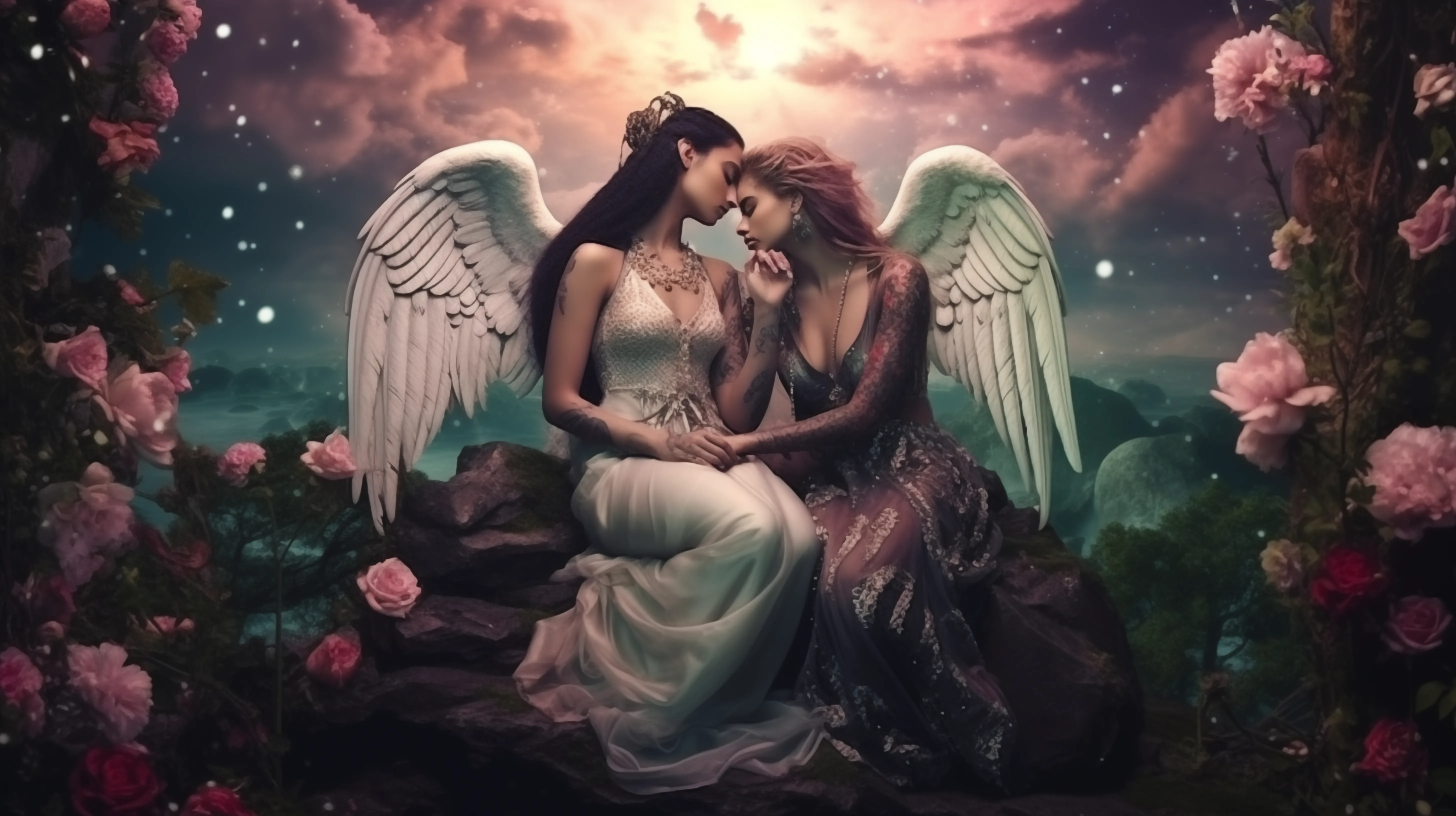 Two Gemini women with tattoos have angel wings and are in love representing the tarot card The Lovers.