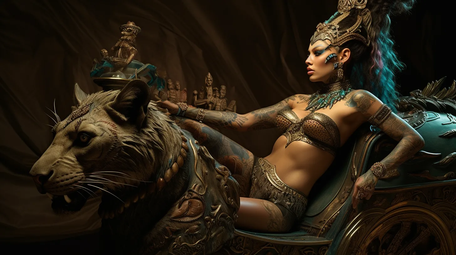 A Cancer women with tattoos is sitting on a golden chariot made of a tigers head and gold representing the tarot card The Chariot.