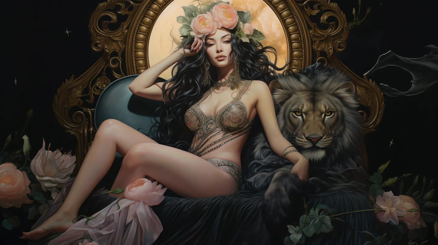 A Leo woman is an empress in space sitting on her throne with a lion representing the tarot card Strength.