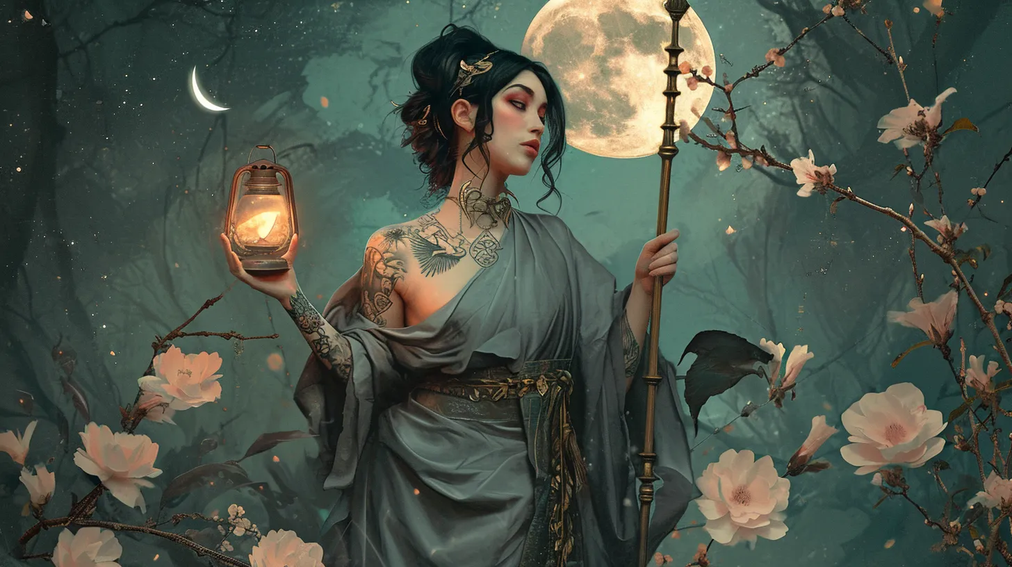 A Virgo woman with tattoos is wearing a grey robe and holding a lantern and staff to represent the tarot card The Hermit.