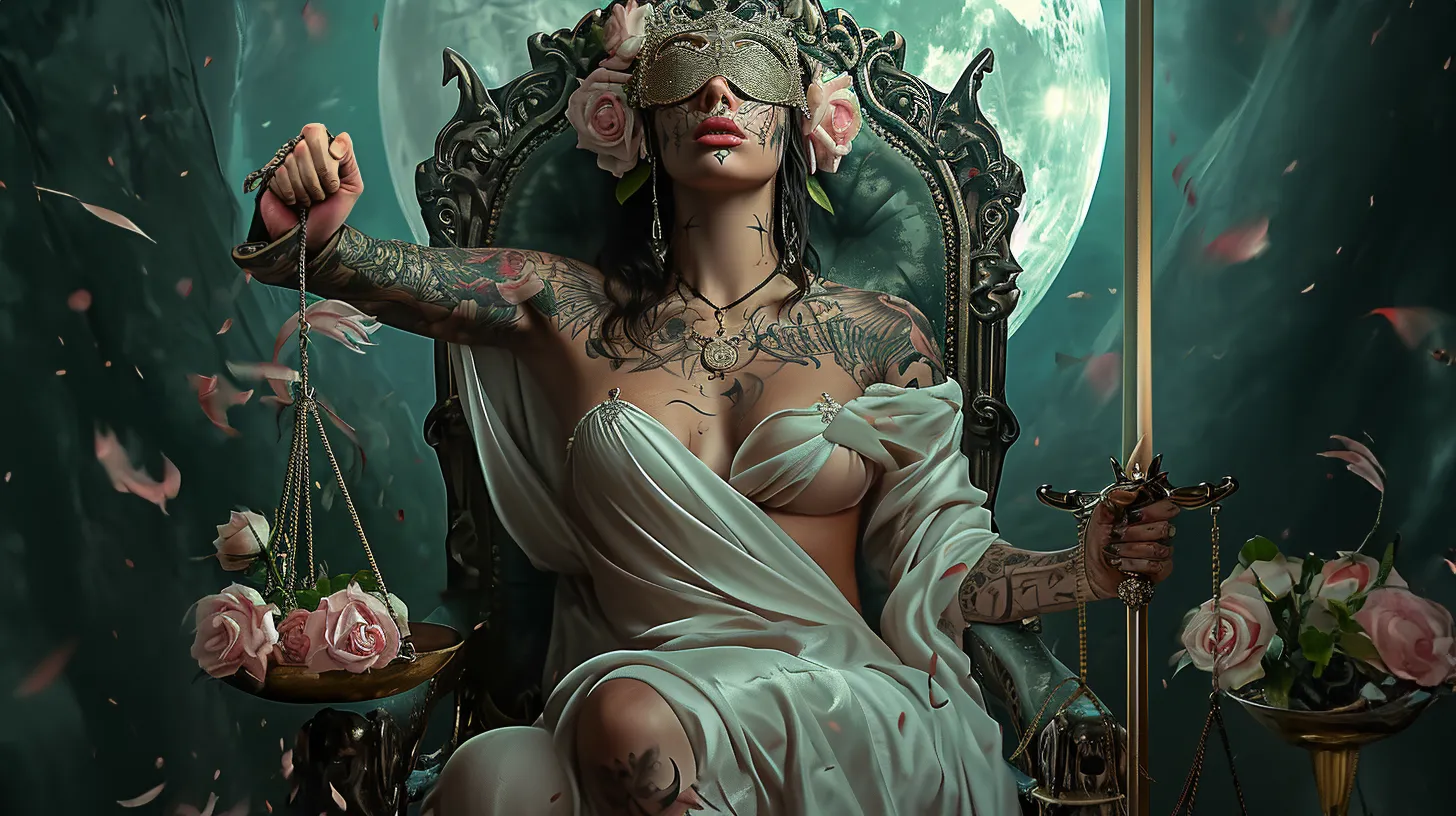 A Libra woman with tattoos is wearing a white dress and blindfold while sitting on a throne and holding the Scales of Justice and a Sword representing the tarot card Justice.