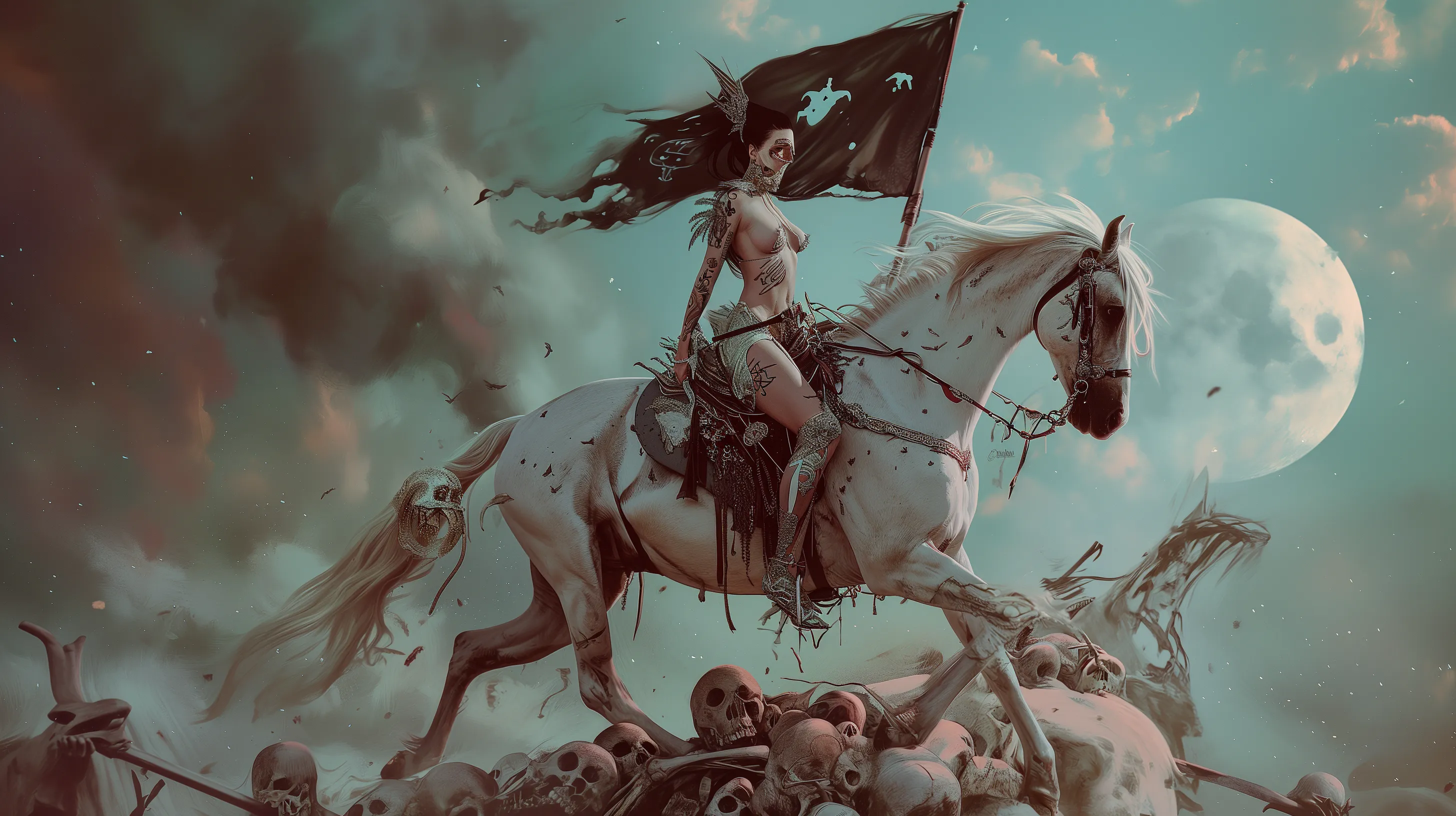A Scorpio woman with tattoos is riding a pale horse and holding a black flag over a field of skulls representing the tarot card Death.