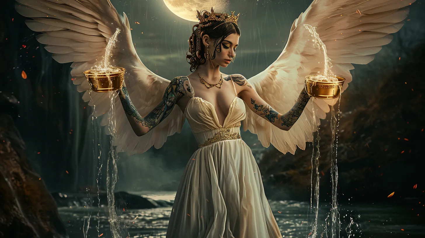 A Sagittarius woman with tattoos and angel wings is holding two golden goblets that are overflowing with water as she stands in the river representing the tarot card Temperance.