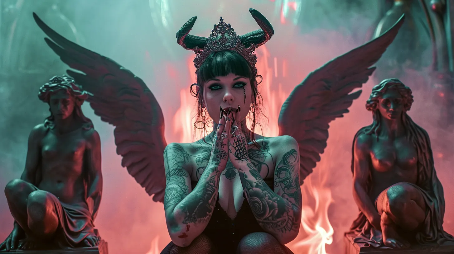 A Capricorn woman with tattoos has horns and angel wings and is sitting in front of two statues with a fire behind her representing the tarot card The Devil.