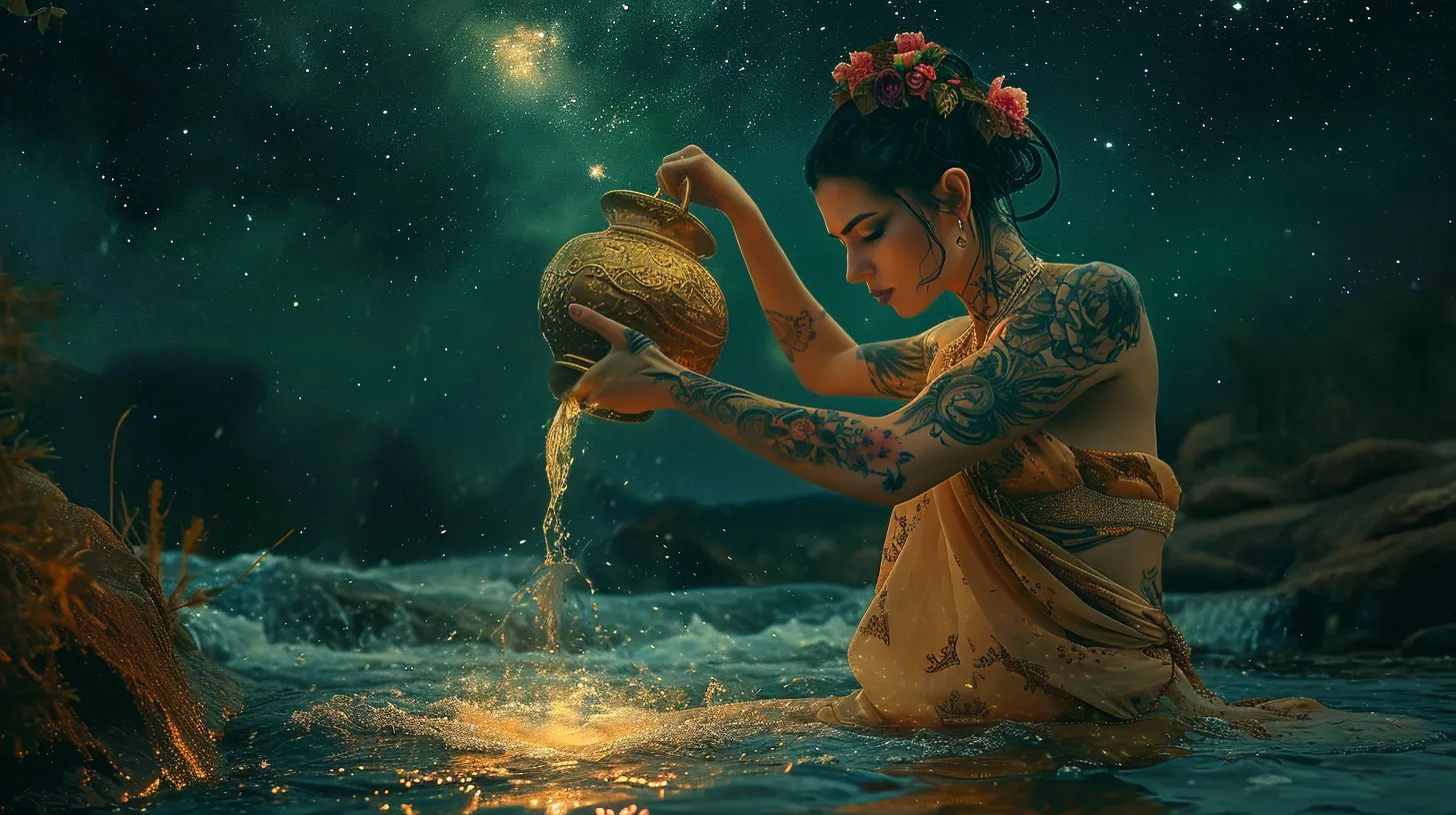 An Aquarius woman with tattoos is underneath a bright star pouring water from a golden chalice into the river representing the tarot card The Star.