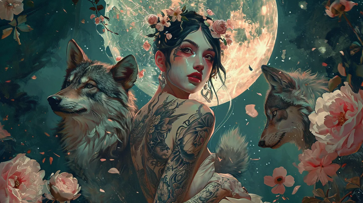 A Pisces woman with tattoos is surrounded by two wolves and flowers under the glowing bright moon representing the tarot card The Moon.