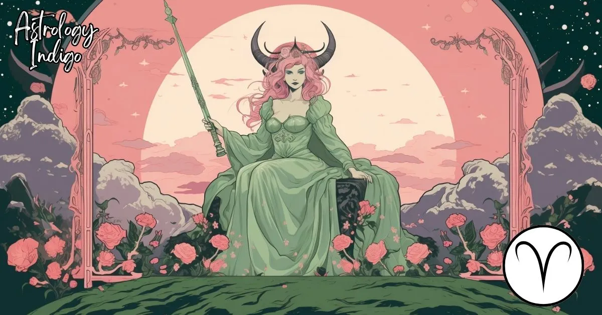 An Aries woman sits on a flower throne holding a sword