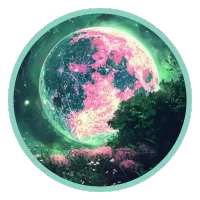 The Full Moon sits above a field of flowers, everything is pink and green.