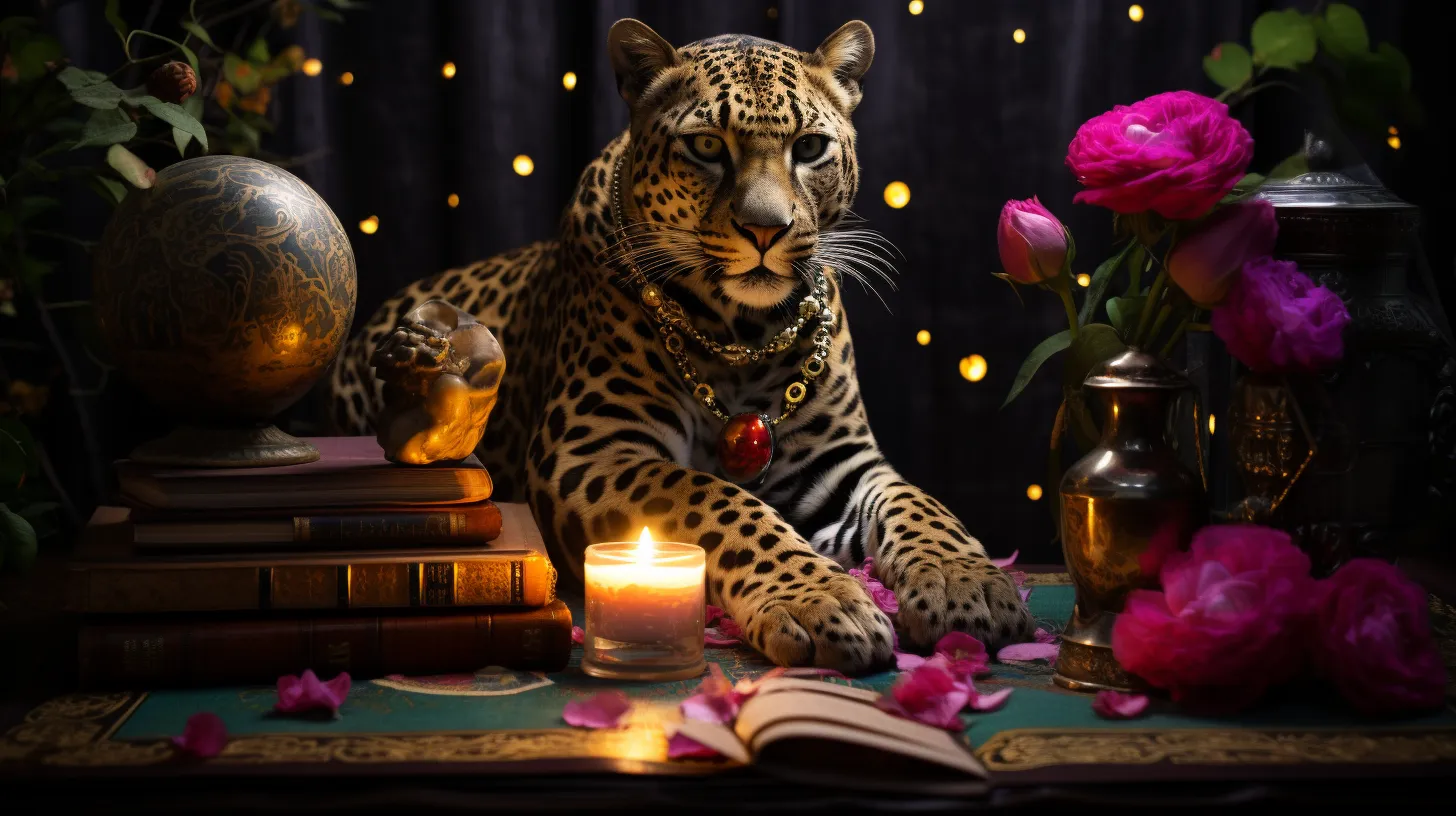 A leopard adorned with gold sits on a mystic's table adorned with flowers and candles