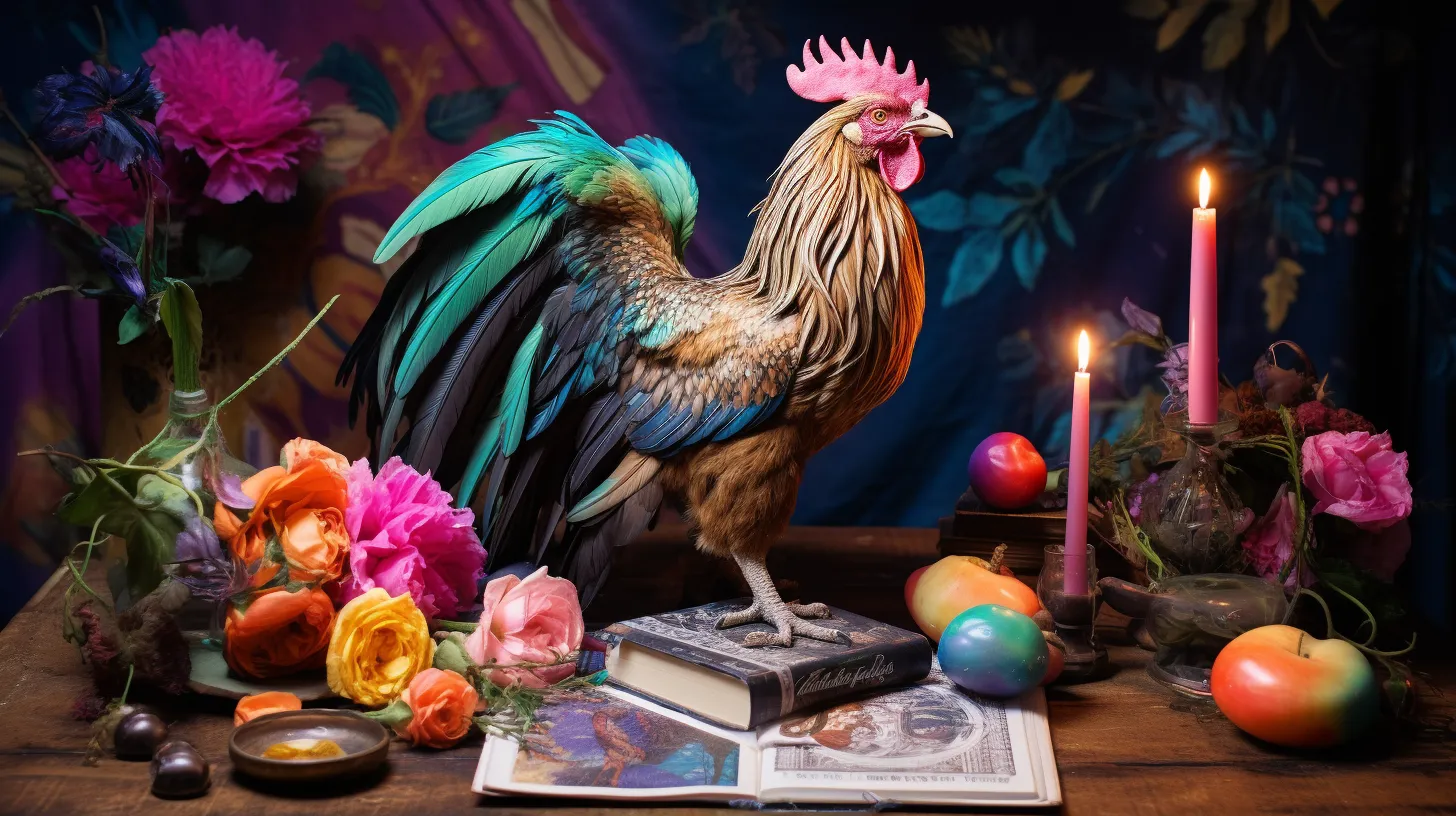 A rooster stands atop a desk covered in mystical objects, symbols, and candles