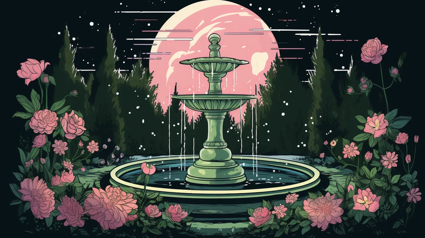 A multi-layered fountain drips water into its base layer in front of the moon at night surrounded by flowers