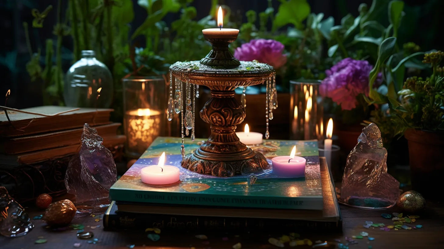 A statue of a fountain overflowing with jewels and gems among mystic treasures, candles, and flowers