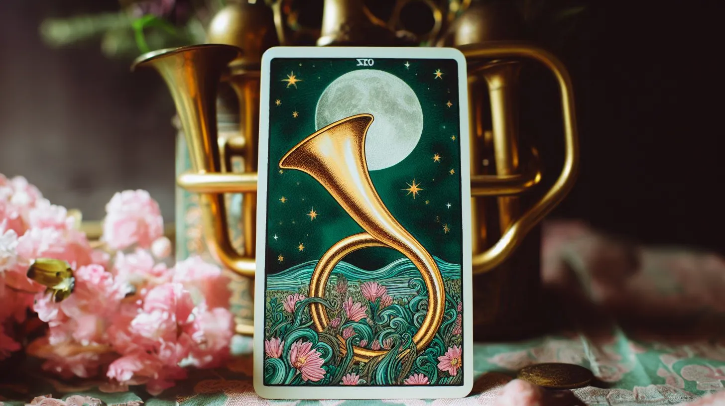 A tarot card of a brass horn trumpet sits on a desk next to pink flowers.