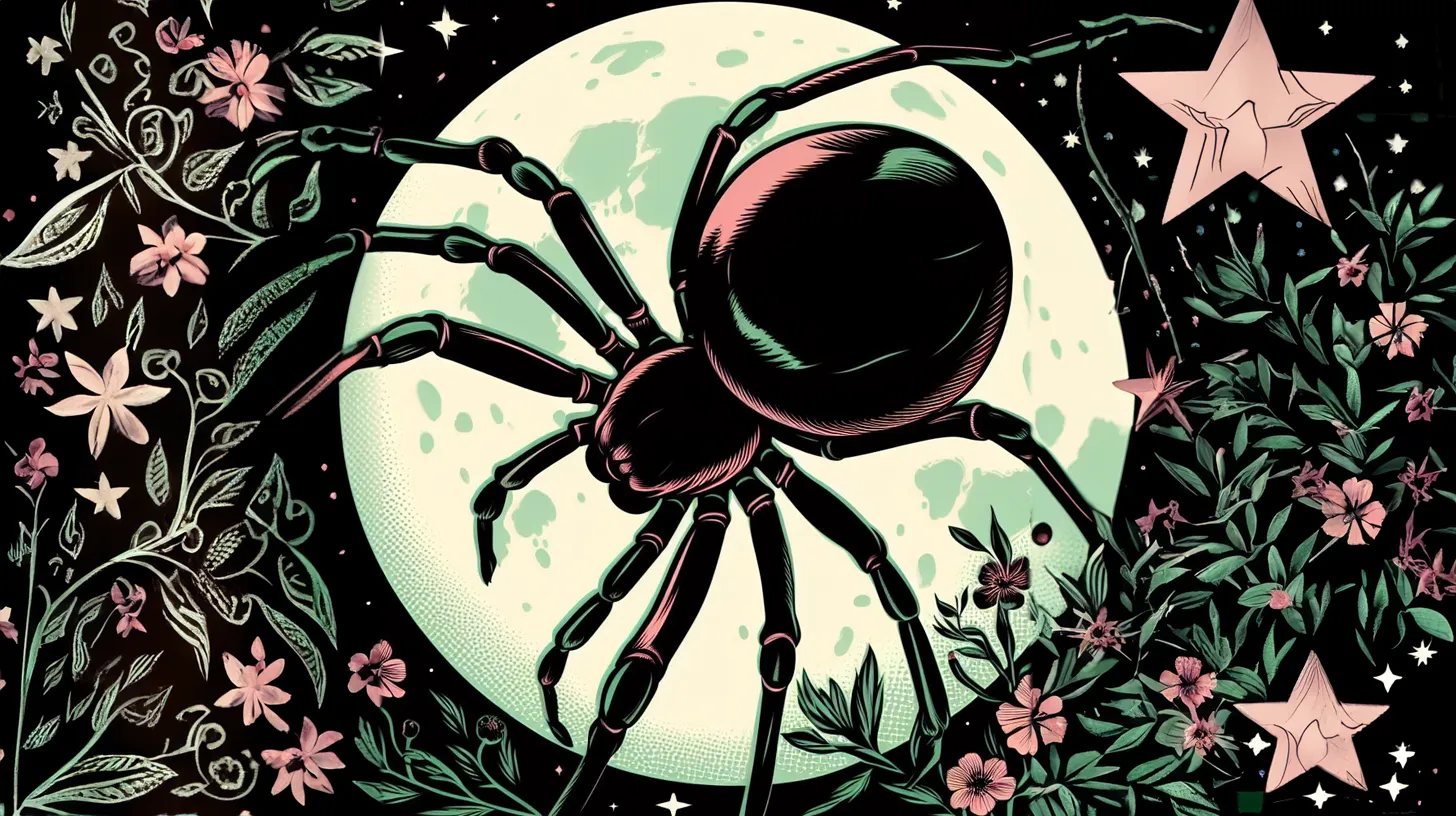 A spider weaves a web in front of a giant moon among flowers and stars