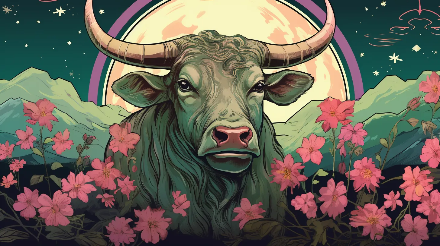 A Bull that represents Taurus stands tall in a field of flowers in front of the moon