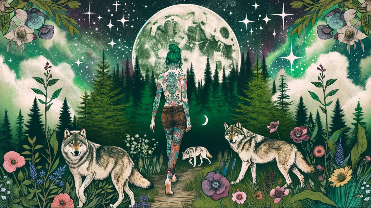 A woman with tattoos is walking along a path to the woods. There are wolves and flowers around her and the moon is above.