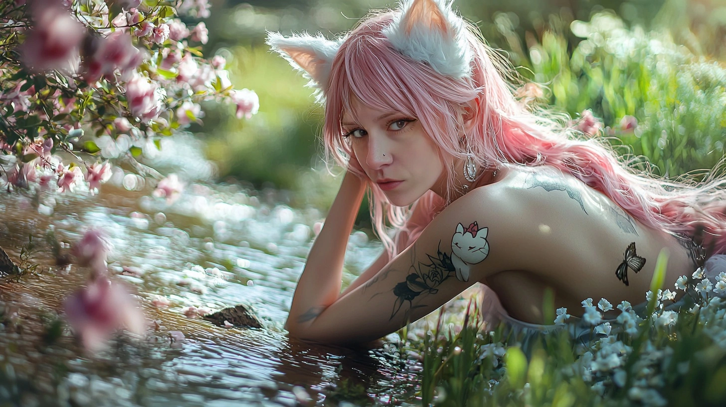 An Aries with tattoos is looking at you with an attitude while laying in a stream surrounded by pink flowers. She has white cat ears.