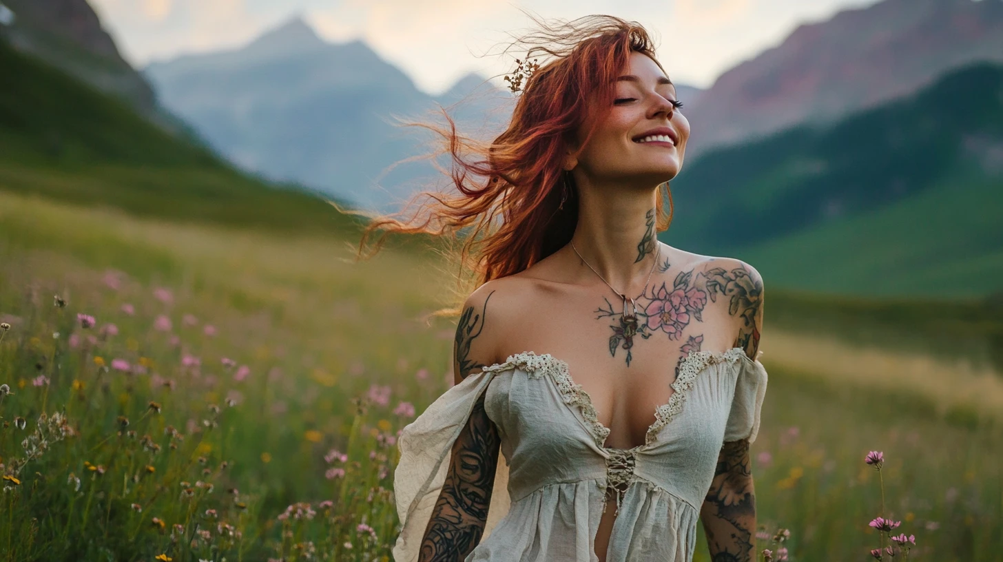 Image of a woman with red hair and tattoos standing in a field of wildflowers, wearing a white off-shoulder dress, with mountains in the background for Top 10 Gift Ideas for Aries in 2025