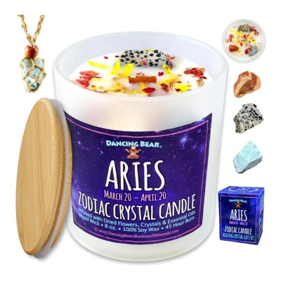 Image of Aries Zodiac Candle with a purple candle jar labeled "Aries" with crystals and herbs, wooden lid, and a stone holder necklace, on a white background