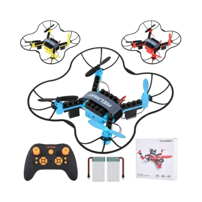 A DIY drone building kit from KitFun featuring a blue and black drone, a controller, spare parts, and a box, designed to ignite the innovative and explorative qualities of Aries men with its challenging assembly.