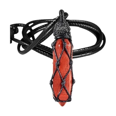 A red jasper necklace featuring a vibrant red stone wrapped in black cord, designed as a perfect gift for an Aries man to highlight his natural sensuality and passion.