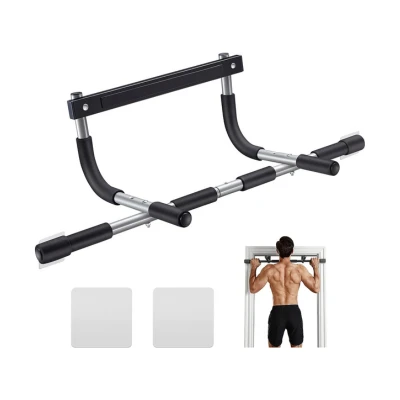 A doorway pull-up bar with black and silver grips, easy to install for the energetic Aries man, shown with foam pads and a person using it for exercise in a doorway.