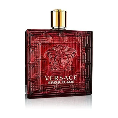 Versace Eros Flame cologne in a red bottle with gold accents and intricate design, a fire-themed scent to amplify the passionate and lively traits of an Aries man.