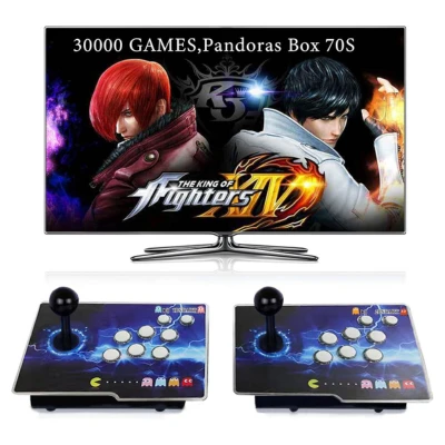 Image of Retro Arcade Game Console with two controllers and a TV screen displaying a fighting game, on a white background