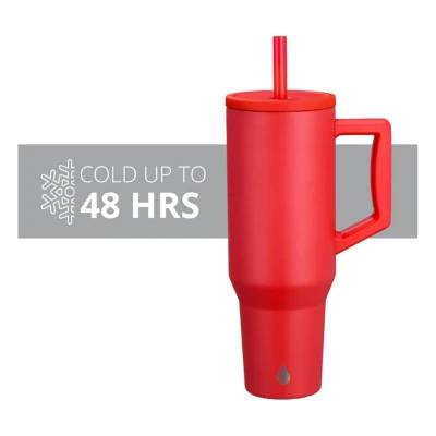 Image of Red Tumbler with a red insulated tumbler featuring a handle and straw, labeled "Cold Up to 48 Hrs," on a white background