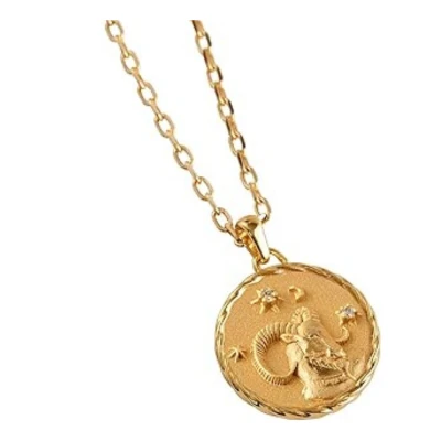 Image of Gold Aries Necklace with a gold pendant featuring the Aries ram symbol on a chain, on a white background