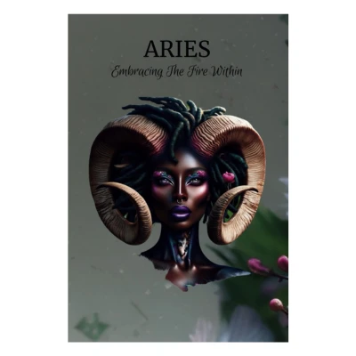 Aries Reflection Journal: A book cover with the title "Aries: Embracing the Fire Within," featuring a person with ram horns against a dark background with floral elements.