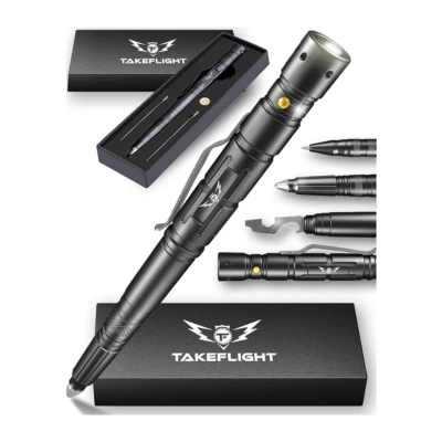 A tactical pen from TakeFlight with multiple tools, including a flashlight and self-defense options, displayed with its black box and additional pens, designed for adventurous use.