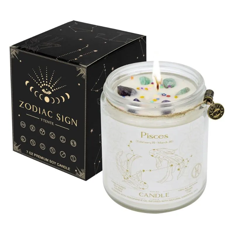 Pisces Zodiac Candle – A beautifully designed soy wax candle featuring gemstones and a soothing scent, perfect for Pisces. Comes in a celestial-themed gift box.