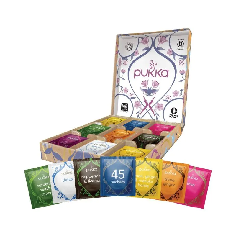 Pukka Organic Tea Sampler with 45 sachets in a variety of soothing flavors. A perfect gift for Pisces who love cozy, peaceful moments and aromatic herbal teas.