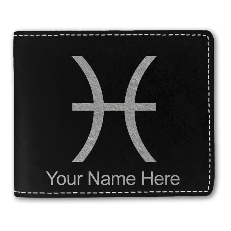 Image of a black wallet with the Pisces symbol and "YOUR NAME HERE" text on the front, displayed on a white background