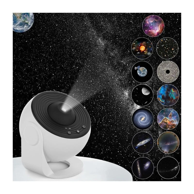 Image of a white constellation projector nightlight displaying various starry and galactic projections on a black background